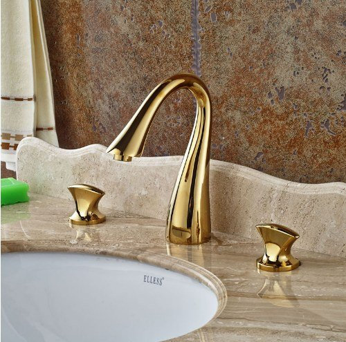 Gowe? ? Deck Support col de Cygne Bec de Salle de Bain Lavabo Robinet 3 Trous Robinet mitigeur Or Poli
