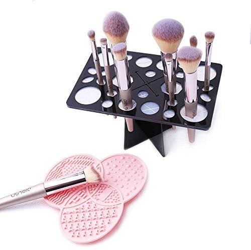 DIOLAN Makeup Brush Cleaning Mat & Drying Rack, 28 Holes Makeup Brush Holder, Silicone Rubber Clover Shaped Mat - Pink