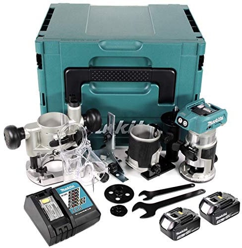 Makita DRT 50 RFJ X2 18 V Li-Ion Akku Brushless Multifunktionsfräse im Makpac inkl. Fräsmodule + 2x 3,0 Akku + Ladegerät
