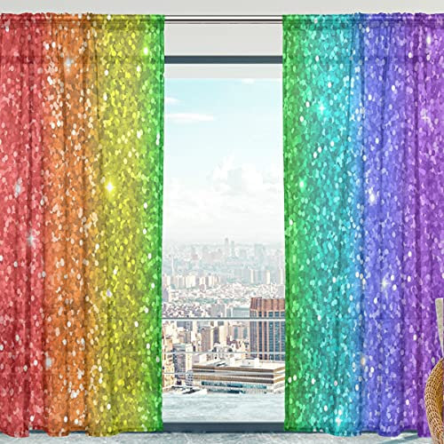 Mnsruu Transparente Vorhänge mit Regenbogen-Glitzer, Voile, Fenstervorhang, 213 cm lang, für Wohnzimmer, Schlafzimmer, 2 Paneele