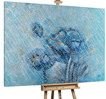 KunstLoft® XXL Gemälde 'Delikate Schönheit' 200x150cm | original handgemalte Bilder | Blumen Abstrakt Blau Gold | Leinwand-Bild Ölgemälde einteilig groß | Modernes Kunst Ölbild