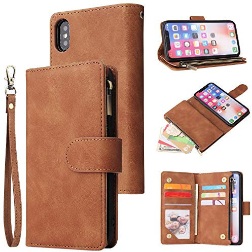 UEEBAI Wallet Case for iPhone X iPhone Xs, Premium Vintage PU Leather Magnetic Closure Handbag Zipper Pocket Case Kickstand Card Holder Slots with Wrist Strap TPU Shockproof Flip Cover - Brown