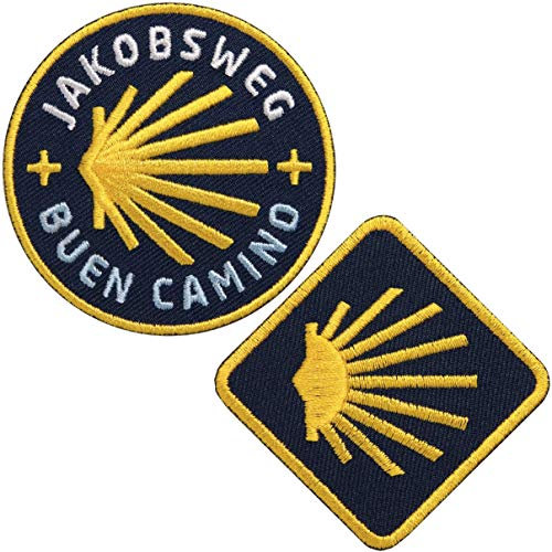 2 x Jakobsweg Aufnäher Aufbügler gestickt mit Jakobs-Muschel/Camino de Santiago Frances Portugues Norte Plata Ingles Finisterre/Patch Flicken Pilger Pilgerweg Muschel Reiseführer (Camino Set)