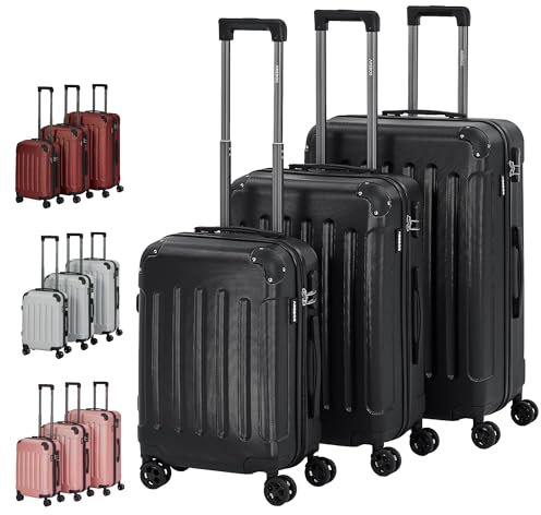 AREBOS Set di 3 valigie rigide in ABS, valigetta da viaggio con manico telescopico, con chiusura lampo, ruote a 360°, set da viaggio M-L-XL, Noir