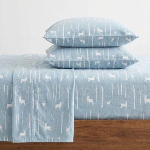 Eddie Bauer - Flannel Sheets King Size, Anti-Pilling & Wrinkle Resistant Cotton, Touchably Soft for All-Season Comfort - Bed Sheets with Matching Pillowcase & Fitted Sheet (Birch Forest Light Blue)