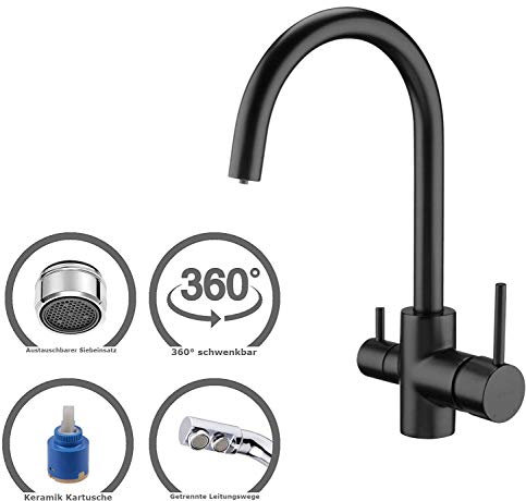 DEANTE 3-Wege Wasserhahn PIEGATO, Designer Küchenarmatur für Wasserfilter - Trinkwasserhahn, Schwarz Matt