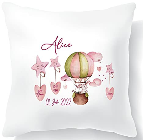 Babygeschenk mit Geburtsdaten personalisiert - Kissen mit Namen als Geschenk zur Geburt oder Taufe - Namenskissen für Baby's Jungen & Mädchen (Alice)