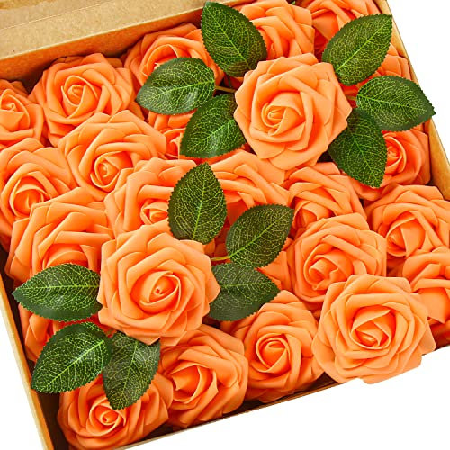 DERAYEE 25 Stück künstliche Rosen, Schaumstoff-Rosen, Kunstblumen, Blumen, DIY-Blume für Hochzeit, Brautsträuße, Zuhause, Party, Garten, Dekorationen (orange)