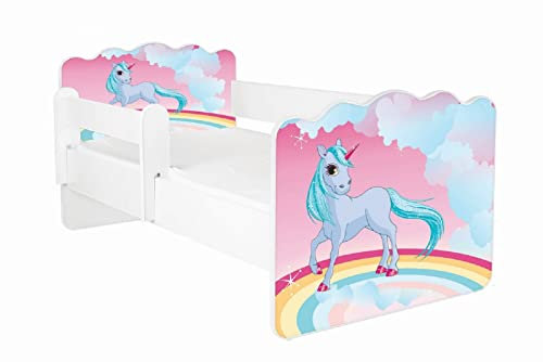 AS-TOR Kinderbett Jugendbett Alex 80x160cm mit Matratze und Abnehmbarem Geländer - Bett Schlafzimmer Kindermöbel Kinderbetten für Mädchen Junge, Hochwertige Möbelplatte, Solide Sicher, Einhorn