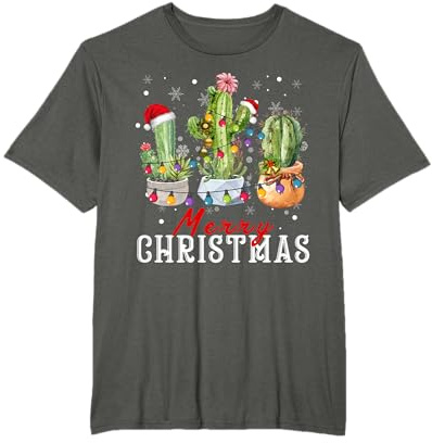 Cactus Christmas T shirt Lights Santa Hat Árbol de Navidad Camiseta