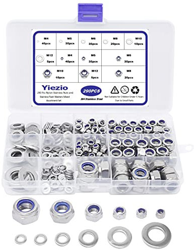 Yiezio 290 Stück Sechskantmuttern Unterlegscheiben Sets Sicherungsmuttern Kontermuttern 304 Edelstahl Nylon Klemmmuttern Klemmmuttern Muttern Sicherungsscheiben Sortiment Set M4 M5 M6 M8 M10 M12