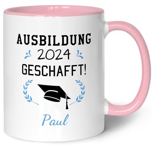 Bedruckte Tasse mit Spruch - Examen geschafft - Geschenk zum Abschluss oder Sieg - Geschenk für Studenten Schüler Sportler Freunde zum Erfolg - für Sie & Ihn - Rosa