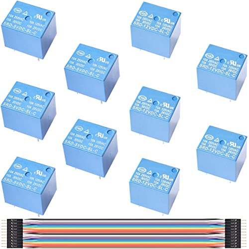 Youmile 5 pcs PCB Relay SRD-5VDC-SL-C Power Relay + 5 pcs PCB Relay SRD-12VDC-SL-C Power Relay with DuPont Cable for Arduino 5 Pins Mini Power Coil Relay