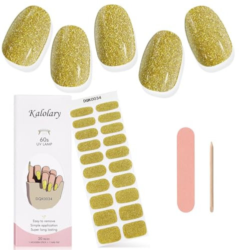 Kalolary Gel Nail Art Strips - Waterproof Full Nail Wraps Decal Sets with Nail File and Stick for Women Girls - UV/LED Lamp Required (Shiny Yellow)