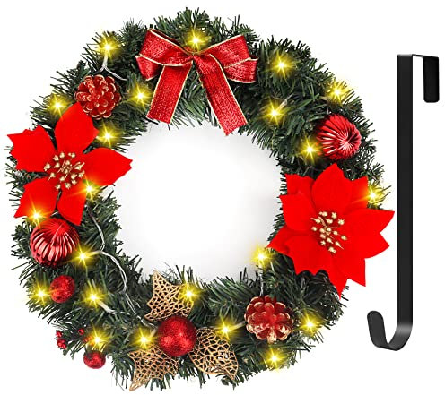 Christmas Wreath, Artificial Door Wreath with 30 LED Lights and Hanger, GIOVARA Xmas Wreath for Front Door, Window, Fireplace, Pretty Outdoor Light Up Wreath for Holiday Home Decoration