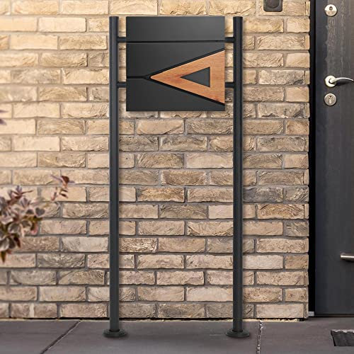 ECD Germany Standbriefkasten mit Zeitungsfach, Design Briefkasten mit Pfosten, Briefkastenanlage, Briefkastenständer Anthrazit 120cm Edelstahl pulverbeschichtet, Postkasten Anthrazit-Holzoptik Stahl