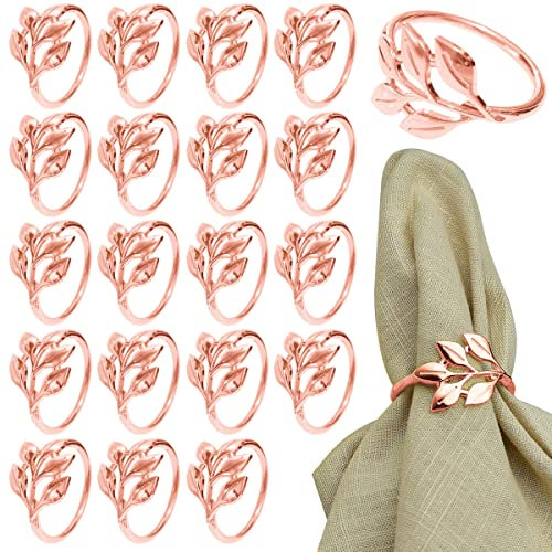 JUMAIPRO Serviettenringe, Blatt-Serviettenring-Set, rotgoldener Serviettenhalter, Tischdekoration, 4,3 cm, Serviettenringschnallen für Urlaub, Hochzeit, Geburtstag und andere Veranstaltungen, 20 Stück