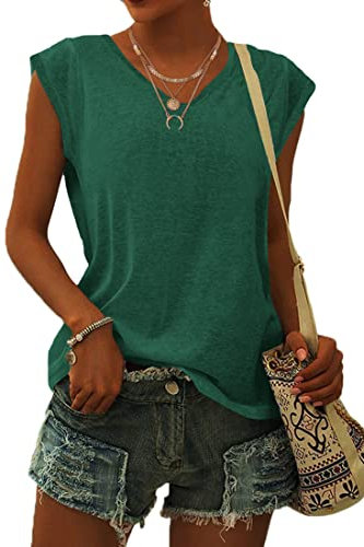 WNEEDU T-Shirt Damen Sommer V Ausschnitt Tank Top Locker Bluse Oberteile Top Sommer Damen Leicht und Luftig mit Flügelärmeln Waldgrün XXL
