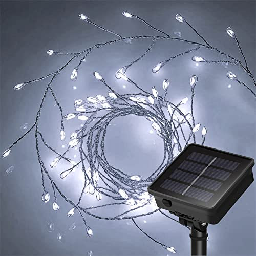 DINOWIN Solar Cluster Lichterkette Außen 9.8Ft 100 LED Wetterfest 8 Modi Silber Draht Lichterkette Outdoor für Balkon Garten Terrasse Party Hochzeit Deko (Weiß)