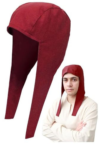 FURPHI Mittelalterliche Coif Cap Leinen Hüte mit Ohrenklappen Renaissance Motorhaube Halloween Weihnachten Kostüm, Wein, Medium