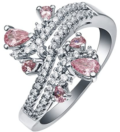 BCughia Marriage Rings Silver, Wedding Ring Copper Pink Pear Cubic Zirconia Pear Shape Pink Zirconia Wedding Rings Jewelry Gift for Women Size L 1/2