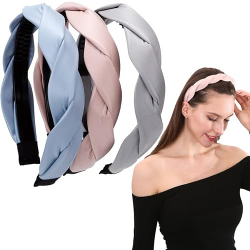 3 STÜCKE Leder Hartes Stirnband Breites PU Gepolstertes Stirnband Retro Style Haarband Mode Bequeme Stirnbänder für Frauen und Mädchen (Zopf (rosa + blau + grau))