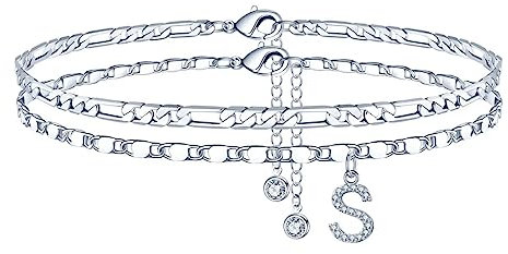 TINGN Fußkettchen für Damen, Silber Fussketten für Frauen Fußkettchen mit CZ Buchstaben S Figarokette Doppelte Fußketten Verstellbar 21+5 Cm Frau Mädchen Tochter Freundin Sommer Geschenk