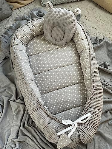 WAFFELPIQUE Grau/Mini PUNKTE Bio-Baumwolle Babynest Neugeborene Baby Unterlage Reisebett Nestchen SOLO/o. in PREMIUM Ausstattung SETS (Nestchen + Bärchen)