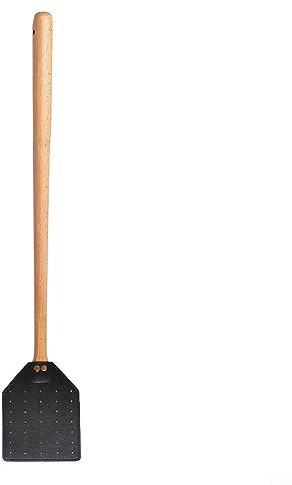 Matamoscas de cuero de doble cara resistente con mango largo de madera de haya, captura eficiente para ind- negro