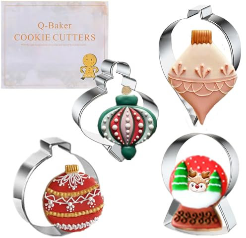 Christmas Ornaments Cookie Cutters, 4PCS Stainless Steel Snow Globe,Round Ornament,Teardrop Bauble, Finial Shapes with Decorating Instructions
