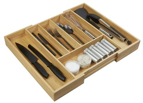 Orga-Box III BAMBUS Besteckeinsatz ausziehbar für Schubladenbreite von 40-60 cm für Nobilia Küchen ab August 2012 Holz-Besteckkasten mit 5-7 Fächer
