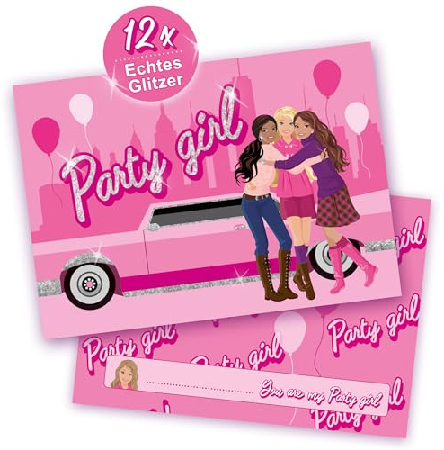 Biglietti d'invito di bellezza con vero glitter • per compleanno e festa in rosa rosa • invito per ragazze e ragazze alla moda • biglietti in stile principessa • 12 biglietti + 12 buste