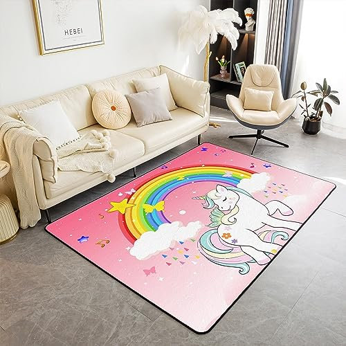 Homewish Tapis Chambre Licorne Rose pour Fille, Tapis de Salon Licorne Arc-en-Ciel Kawaii, Tapis Cheval Blanc Mignon, Tapis d'intérieur Géométrique Étoiles Nuage, Tapis Décoratif Licorne, 150x200 cm