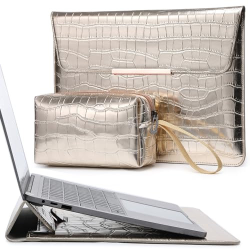 HYZUO 15-16 Zoll Laptop Hülle mit Integriertem Ständer für MacBook Pro 16 M4/M3/M2/M1 2025-2019, Pro 15, XPS 15, Damen Laptophülle mit Kleiner Tragetasche, Krokodil-Muster Champagner Silber