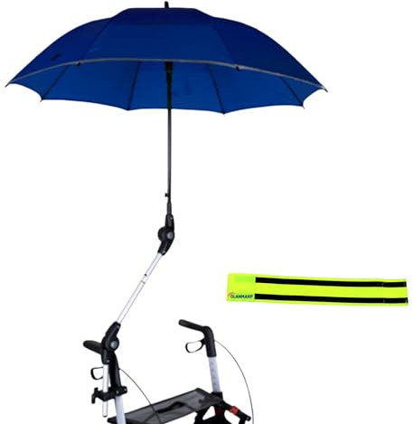 Olanmarp MPB Pieper UNIVERSALER ROLLATORSCHIRM mit Halterung + Schirmhülle 99: Höchste Qualität Made in Germany für Regen,Sonne,Wind, UV Band mit Streifen (Blau mit reflektierendem Rand)