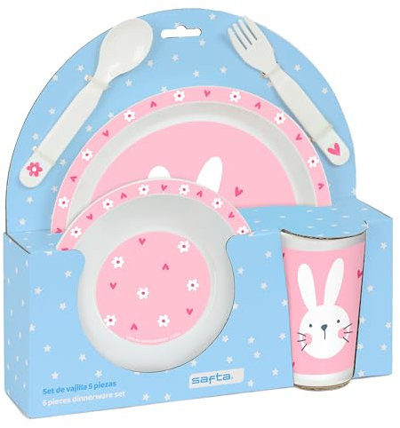 Safta PREESCOLAR BUNNY - Set de Platos y Cubiertos, Pack, Plato, Cubierto, Bebé, Iniciación, Comida, Cómodo y Versátil, 26x9x26 cm, Color Rosa