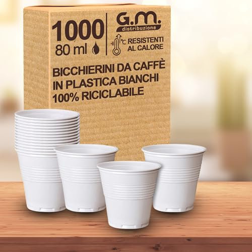 G.M. DISTRIBUZIONE bicchieri plastica (1000, Bianchi) - Bicchierini Caffè 80cc - Bicchieri Riutilizzabili Super Rigidi e Resistenti al Calore per Espresso, Asporto, Casa e Ufficio - Made in Italy