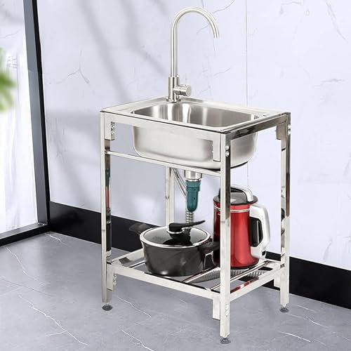 Lavandino da cucina Lavandino commerciale free standing con staffa 304 Lavandino da terra in acciaio inox per ristorante giardino mensa lavanderia (48x35cm,Hot and Cold Faucet)