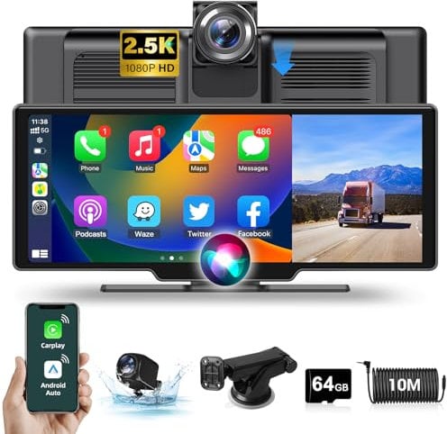 Wireless Carplay Android Auto Display mit 2.5K Dashcam Auto Vorne Hinten 10.26 Zoll Touchscreen Carplay Display Tragbarer Driveplay mit Rückfahrkamera Bluetooth Mirror Link Siri 64G TF-Karte