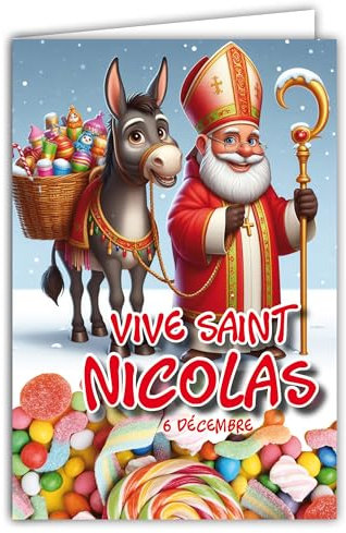 68-1335 Karte mit Umschlag, Vive Saint Nikolaus mit seinem grauen Esel, 6. Dezember, Frohe Feier der Schulkinder, weise Kinder, wie Bilder zum Sammeln für Jungen, Mädchen, Bombons, hergestellt in