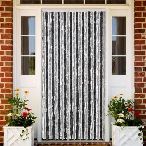 Homgoday Fliegenvorhang Grau und Schwarz 100x200cm Chenille String Tür Vorhang Fliegenrollo Insektenschutz Faden Tür Trennwand Quaste Türen Fenster Vorhang
