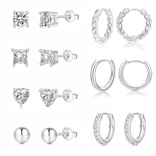 GEMAURA Ohrringe Silber,925 Creolen Silber Damen Hypoallergen Cubic Zirkonia Ohrstecker Silber Set Gold Damen Ohrstecker gold Creolen für Mehrere Piercings(7 Paar)