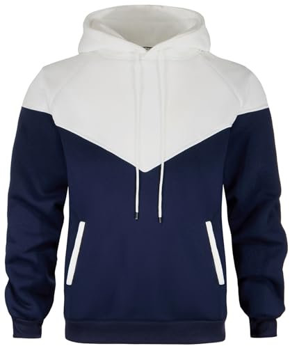 comefohome Hoodie Herren Pullover Langarm Sweatjacke Kapuzenpullover Farbblock Casual Sweatshirt Hoody Kapuzenjacke mit Tasche Weiß Marine L