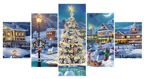 Generish Diamond Painting Erwachsene Weihnachts straße 5 Teilig, 5D Bilder Pentaptychon, Groß xxl - Voll Rund Bohrer Als Geschsenk Und Wanddekoration Zu Hause 100x50cm