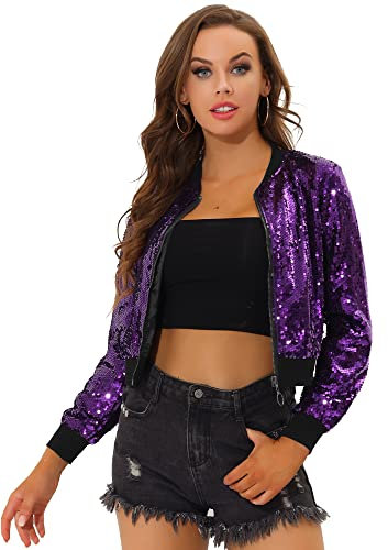 Allegra K Damen Bomberjacke Langarm Glitzer Pailletten Party Jacke Lila XXL