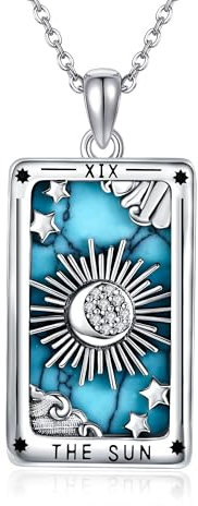 ONEFINITY Tarotkarten Halskette 925er Sterlingsilber Tarotkarten Anhänger Vintage Tarotschmuck Mit Türkisfarbenem Sonnen Und Mondmotiv Für Damen