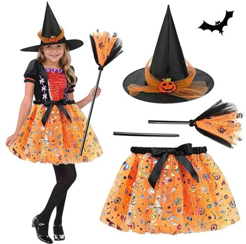 HIQE-FL Disfraz Bruja Niña,Disfraz de Bruja Para Niña,Disfraz de Bruja de Halloween,Disfraz Bruja Halloween Niña,Disfraces Halloween con Gorro y Escoba de Bruja,Disfraz de Fiesta de Halloween