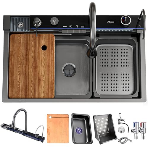 Fregadero de cocina negro y gris de 75 cm, fregadero de estación de trabajo de acero inoxidable de gran capacidad, fregadero de cascada de tazón único dorado, con grifo multifuncional, lavavasos(negro