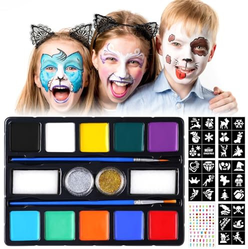LOPHE Peinture Corporelle pour Le Visage, Palette de Maquillage Enfants, 10 Couleurs Peinture Visage avec 2 Pinceaux, 5 Pochoirs, Bodypainting, Peinture pour le Visage pour Halloween,Noël,Carnaval