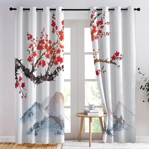 ZZTBQ Japanischen Stil Vorhänge Kirschblüten Blumenzweig Winter Fenster Gardinen mit Ösen, Vorhang Blickdicht Verdunklungsvorhänge Thermovorhang für Wohnzimmer Deko 132x242 cm (BxH), 2er Set